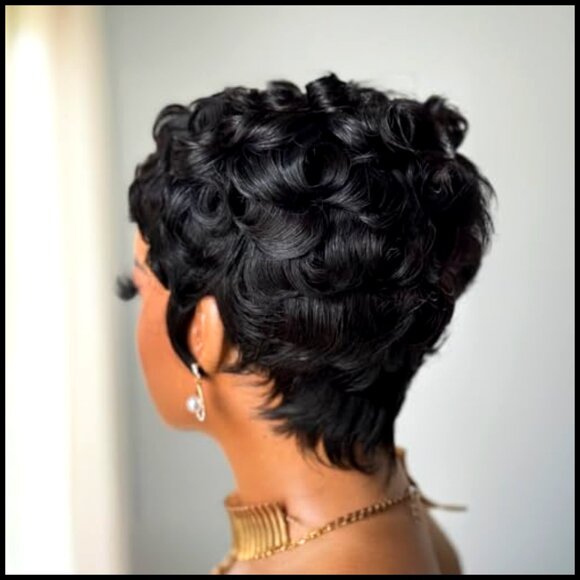 Glueless Human Hair Pixie Cut Wig Curly Wave Layered With Bangs Daily Wear main image 4